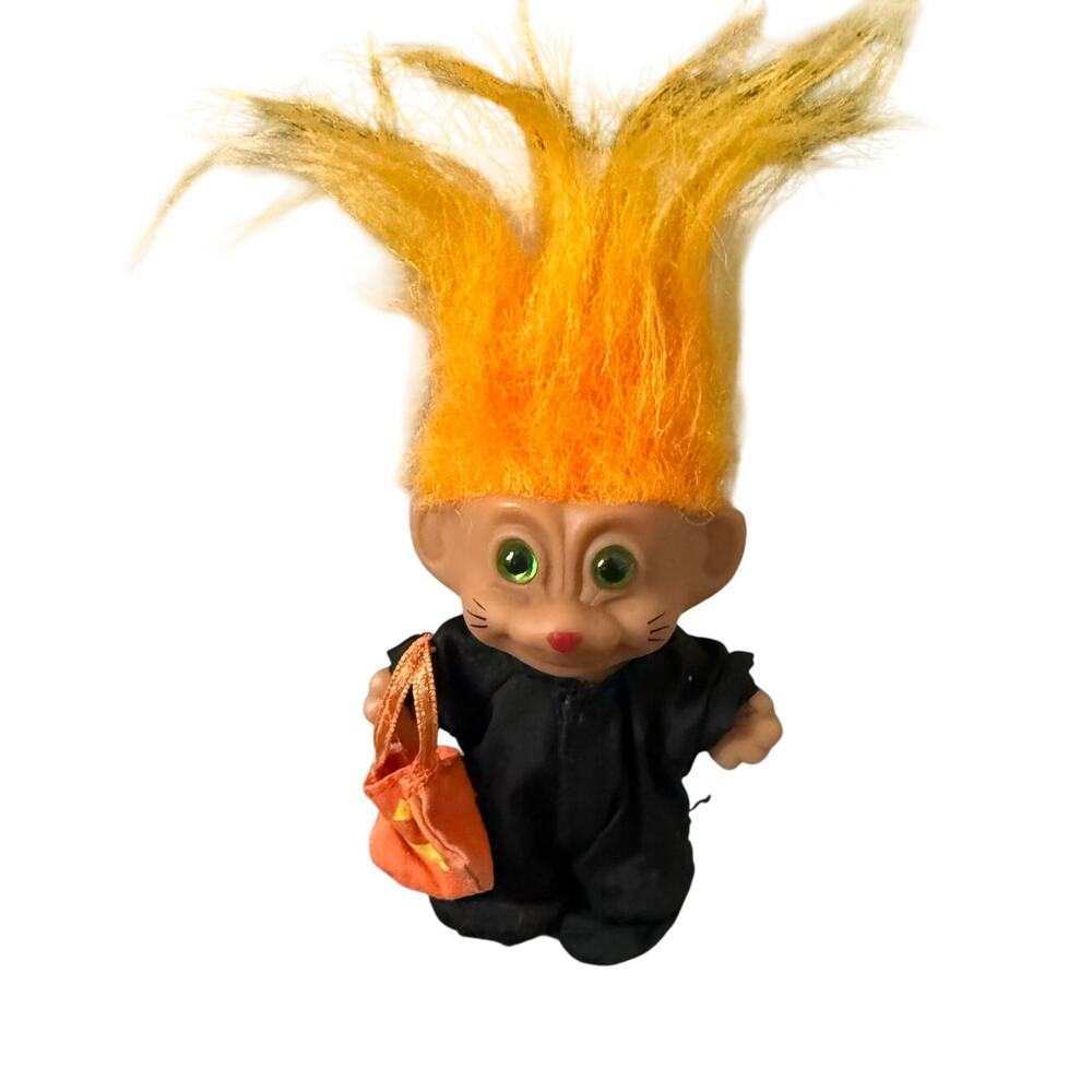Vintage Russ Berrie Halloween Troll Doll Black Cat Costume Orange Hair 90s